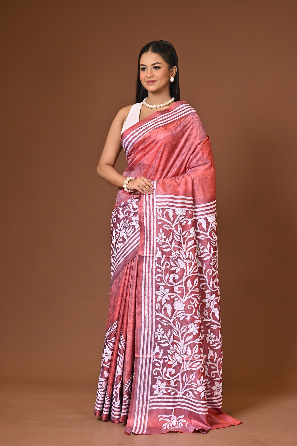 Blended Silk Kantha Stitch Saree Peach