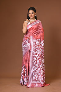 Blended Silk Kantha Stitch Saree Peach