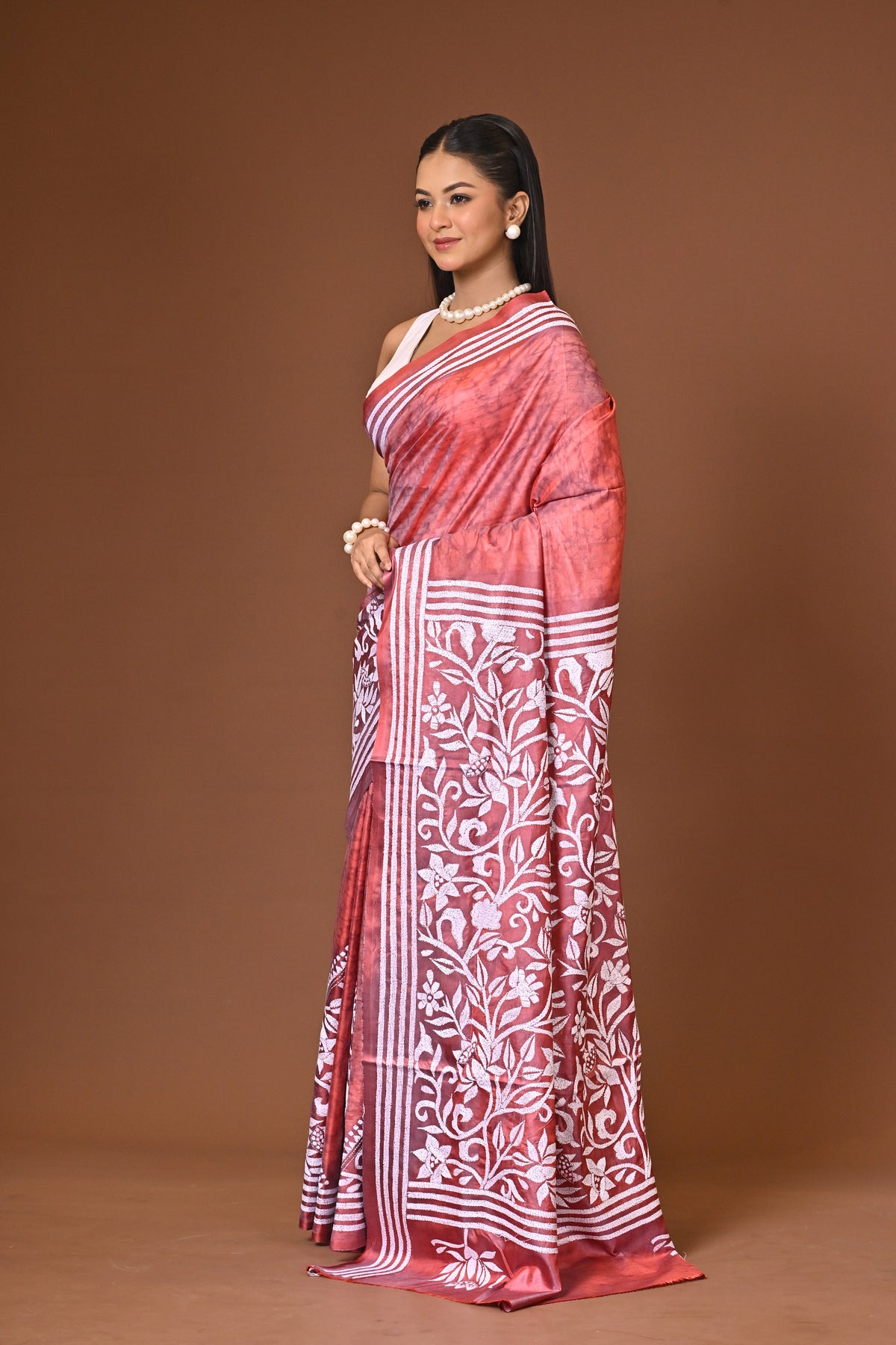 Blended Silk Kantha Stitch Saree Peach