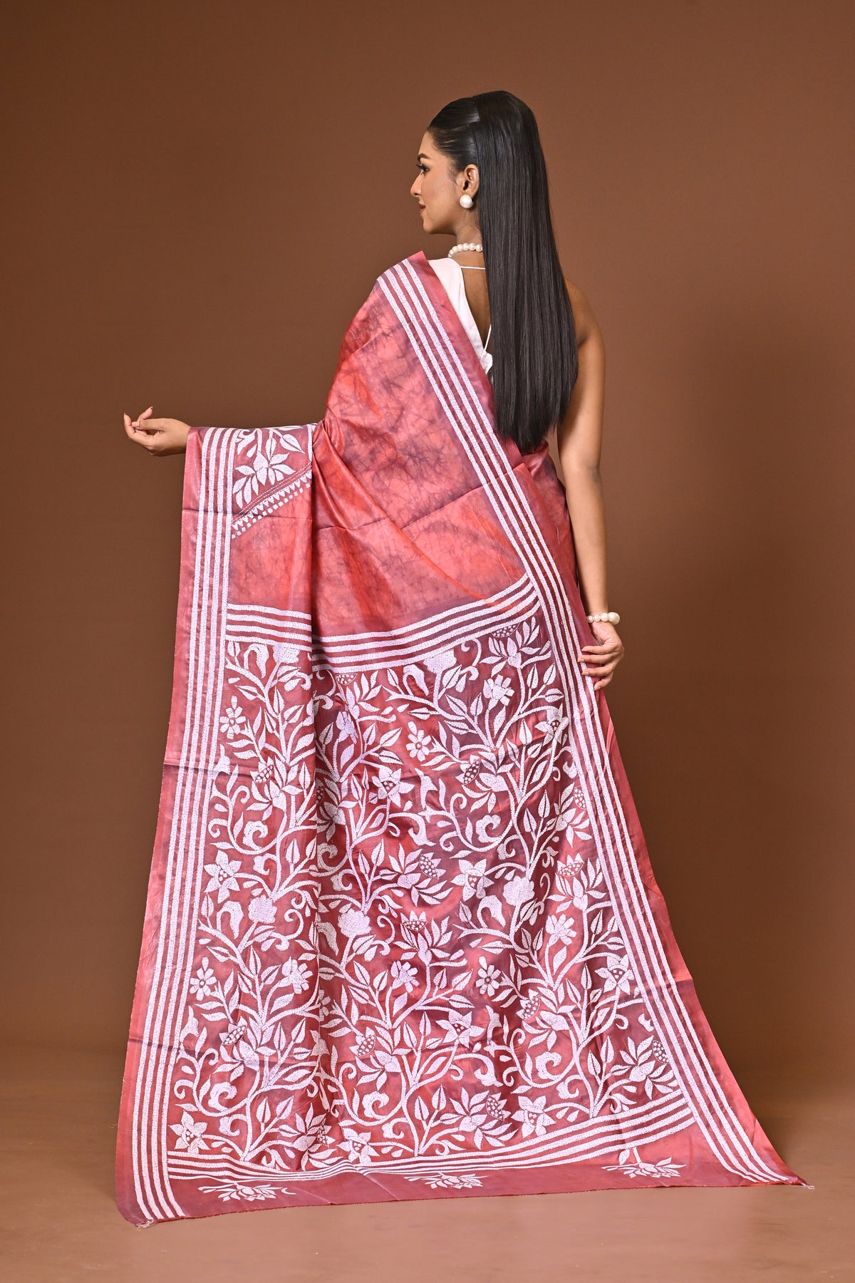 Blended Silk Kantha Stitch Saree Peach