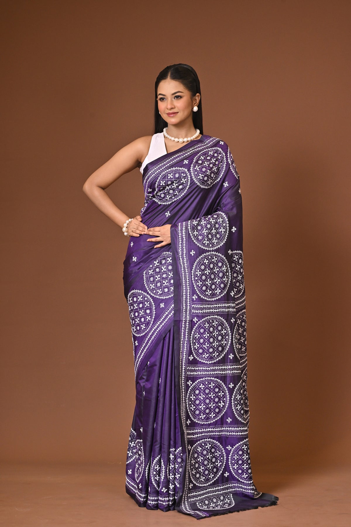 Blended Silk Kantha Stitch Saree Purple
