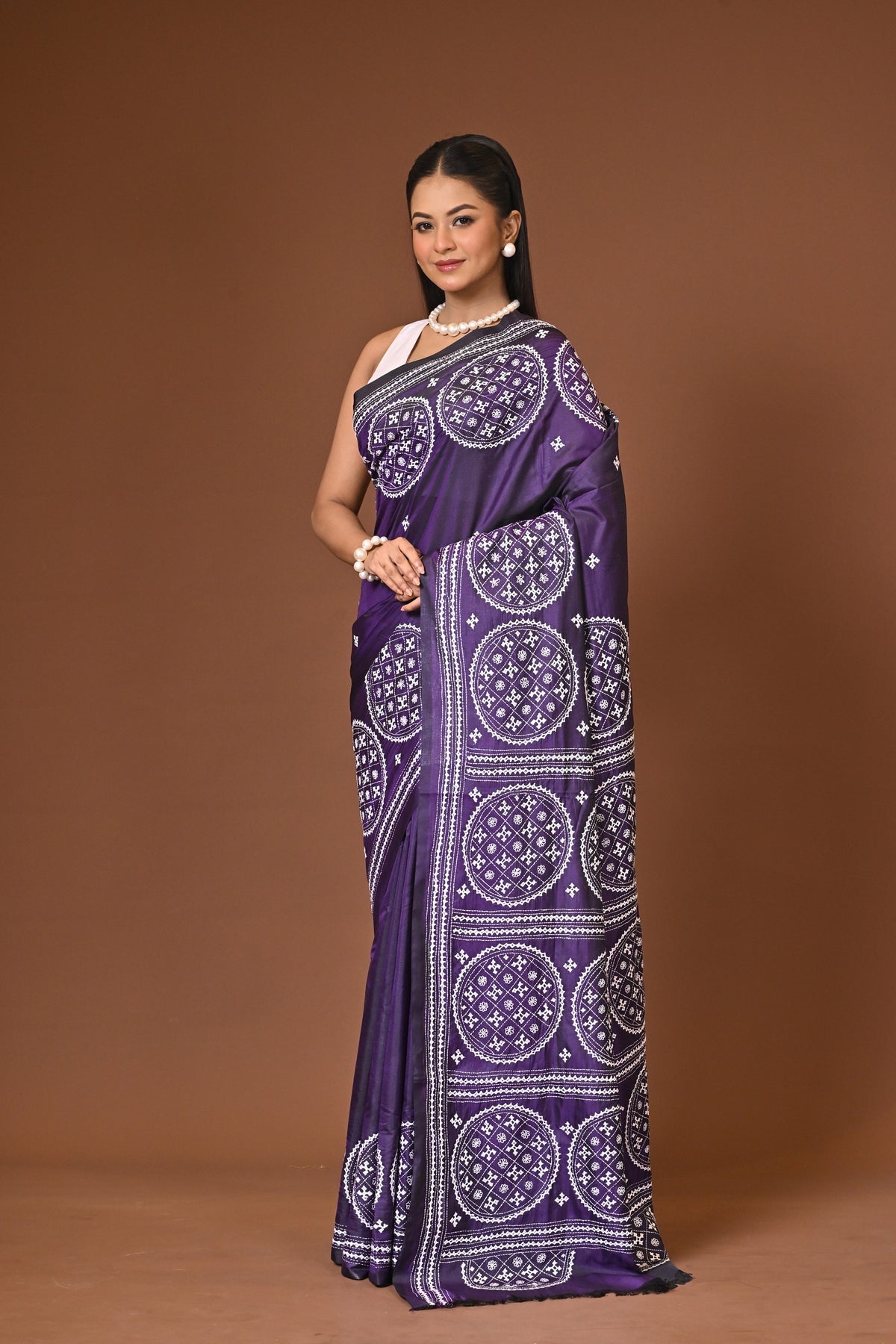 Blended Silk Kantha Stitch Saree Purple