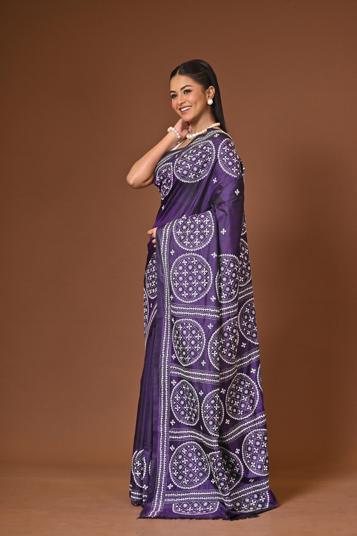 Blended Silk Kantha Stitch Saree Purple