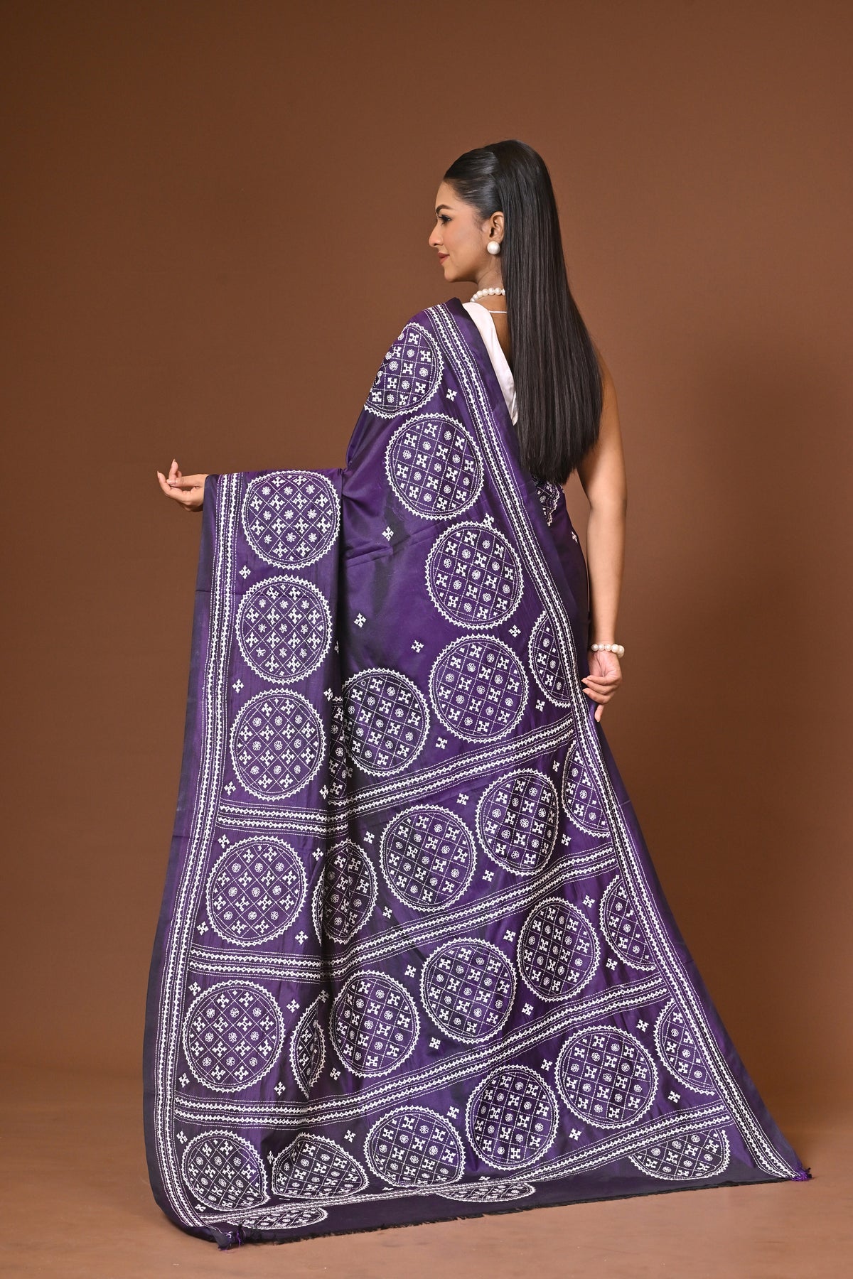 Blended Silk Kantha Stitch Saree Purple