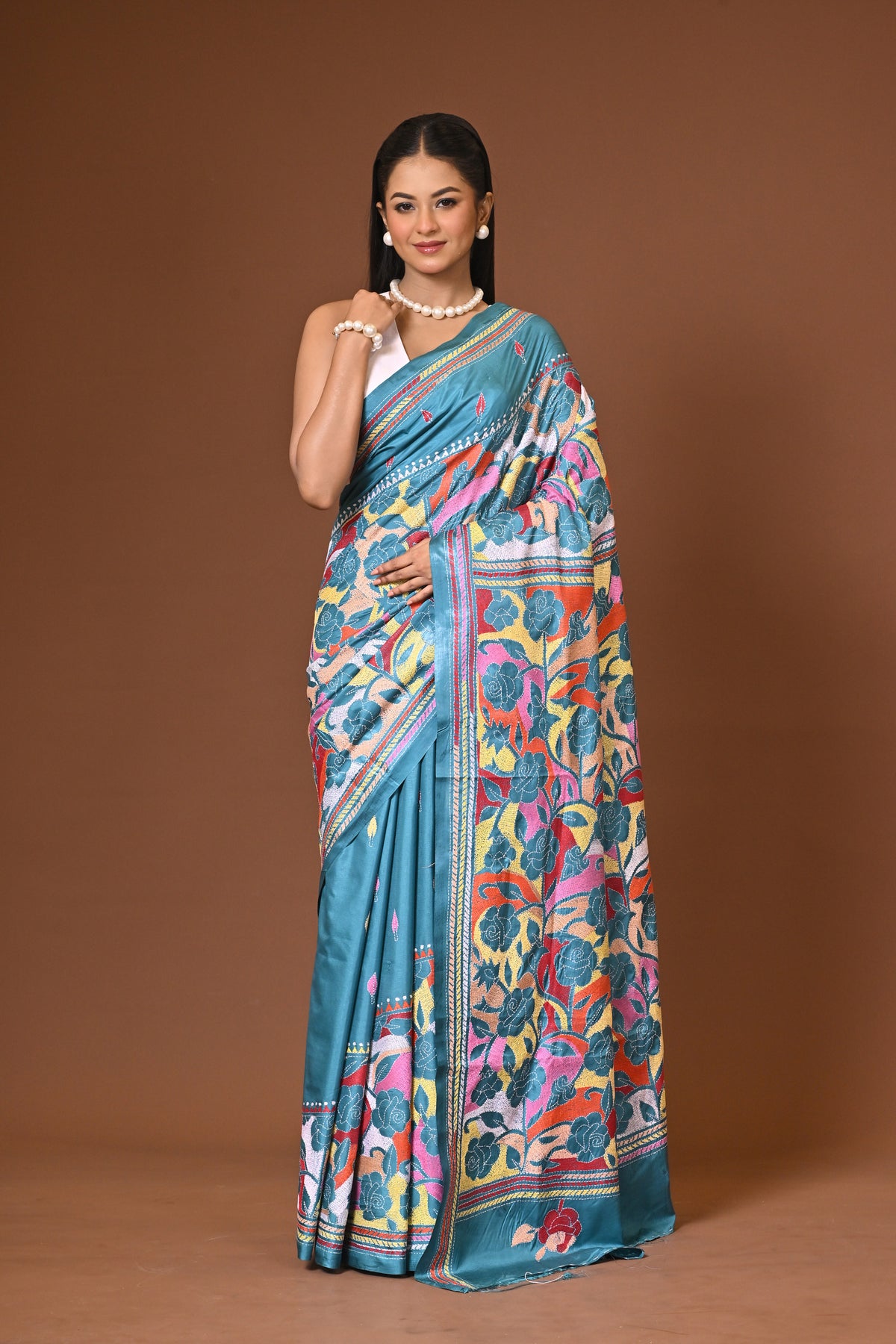 Blended Silk Kantha Stitch Saree Sea Green