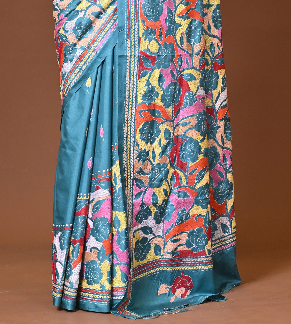 Blended Silk Kantha Stitch Saree Sea Green