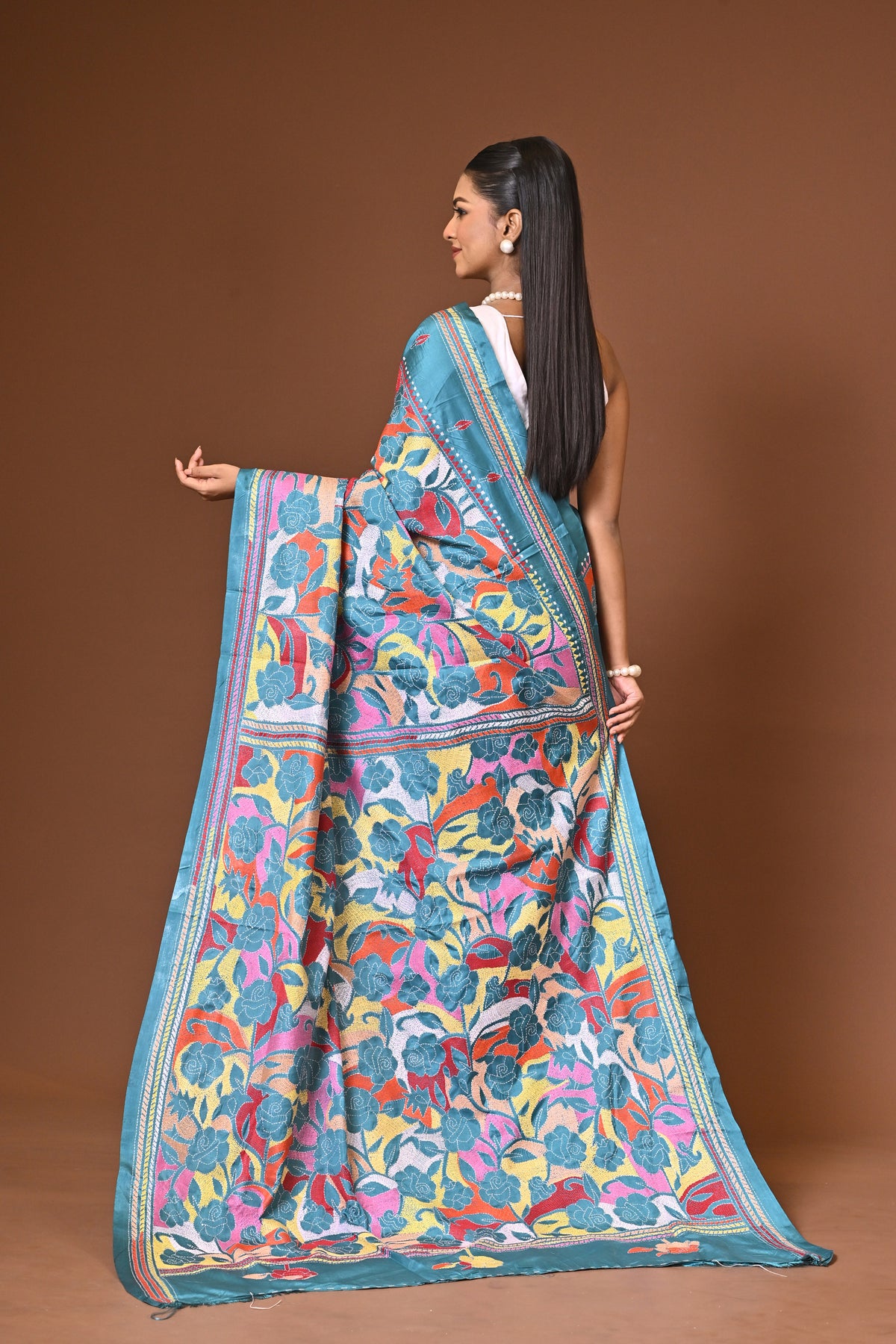 Blended Silk Kantha Stitch Saree Sea Green