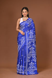 Blended Silk Kantha Stitch Saree Royal Blue