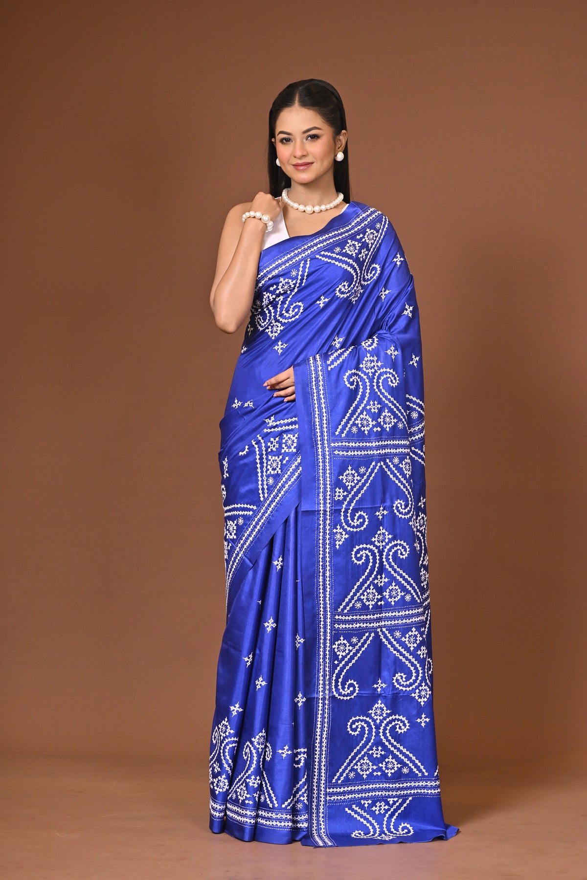 Blended Silk Kantha Stitch Saree Royal Blue