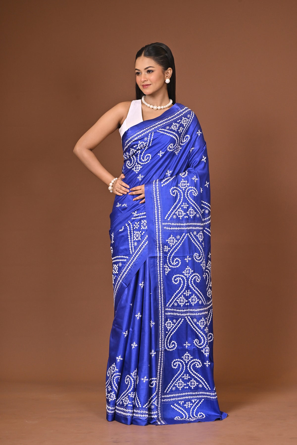 Blended Silk Kantha Stitch Saree Royal Blue