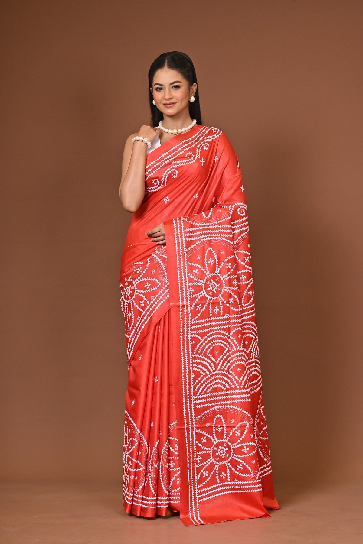 Blended Silk Kantha Stitch Saree Red