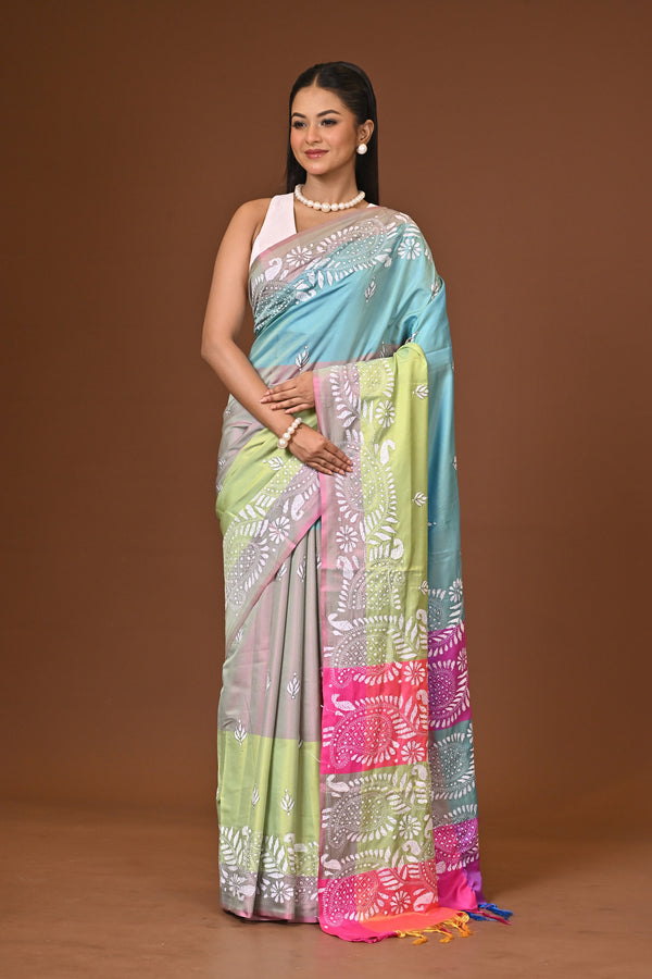 Blended Silk Kantha Stitch Saree