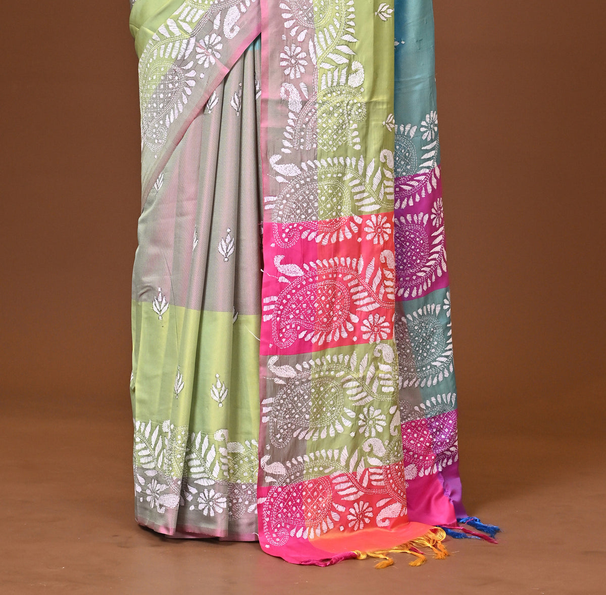 Blended Silk Kantha Stitch Saree Multicolor