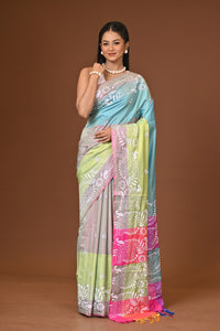 Blended Silk Kantha Stitch Saree Multicolor