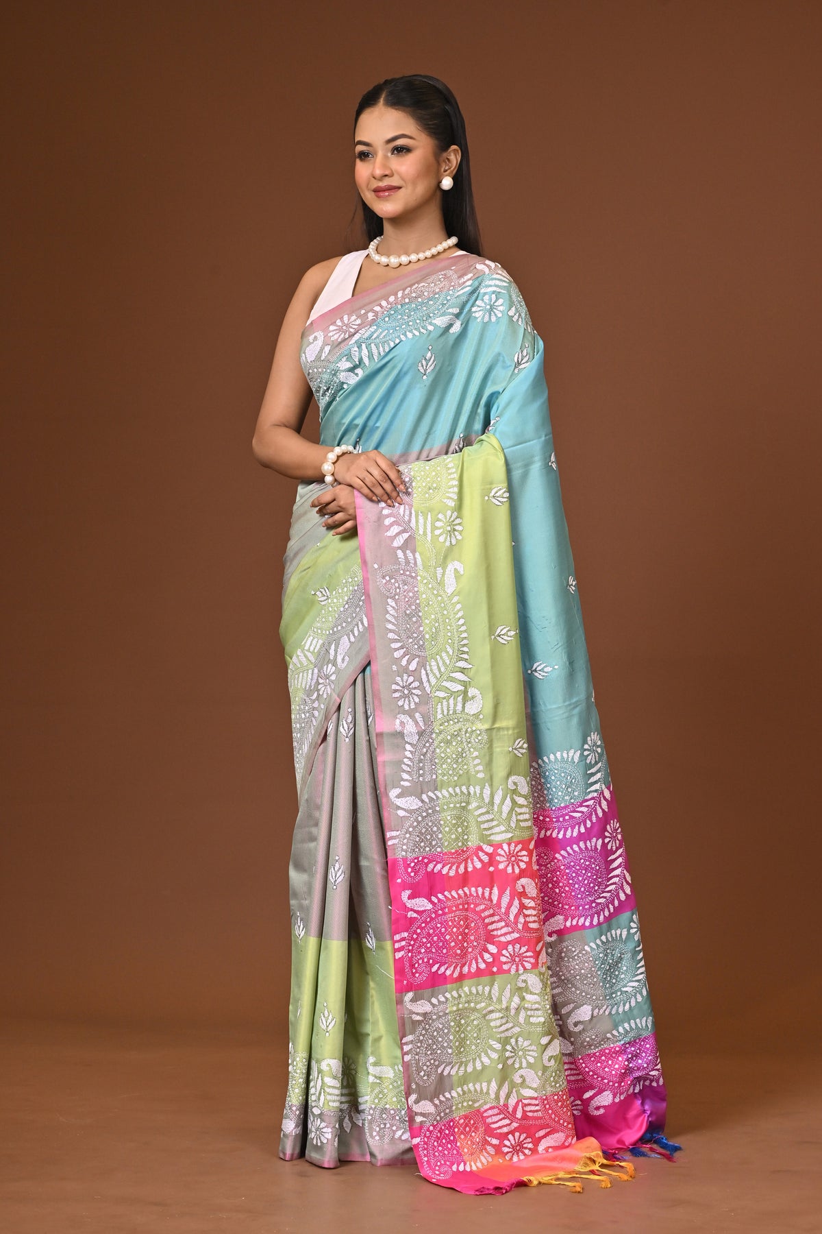 Blended Silk Kantha Stitch Saree Multicolor