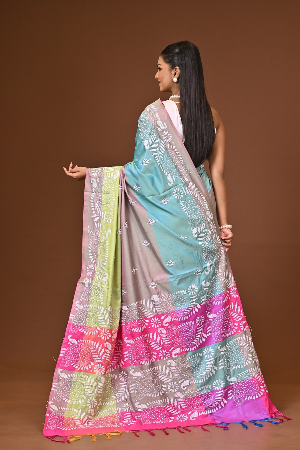 Blended Silk Kantha Stitch Saree Multicolor