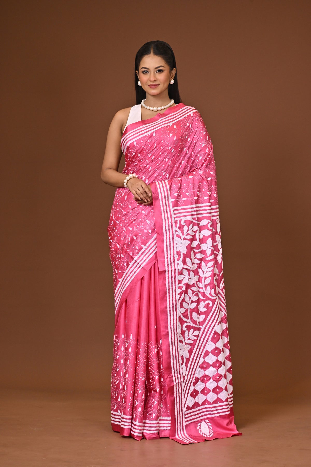 Blended Silk Kantha Stitch Saree Pink
