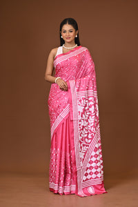 Blended Silk Kantha Stitch Saree Pink