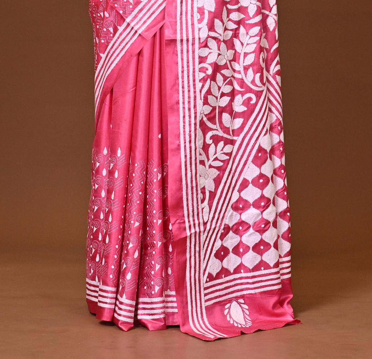 Blended Silk Kantha Stitch Saree Pink