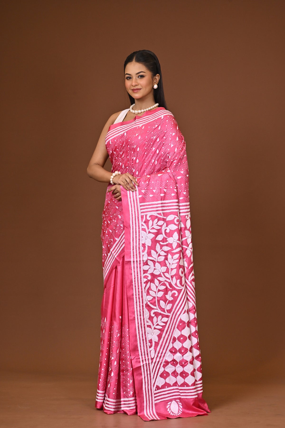 Blended Silk Kantha Stitch Saree Pink