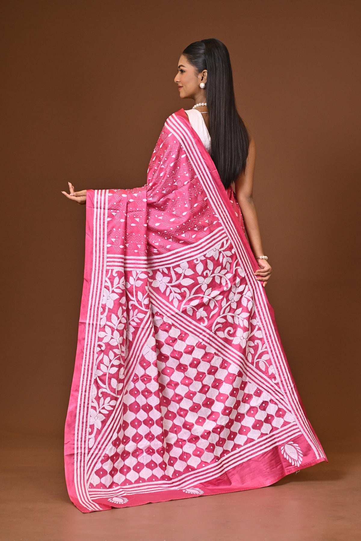 Blended Silk Kantha Stitch Saree Pink