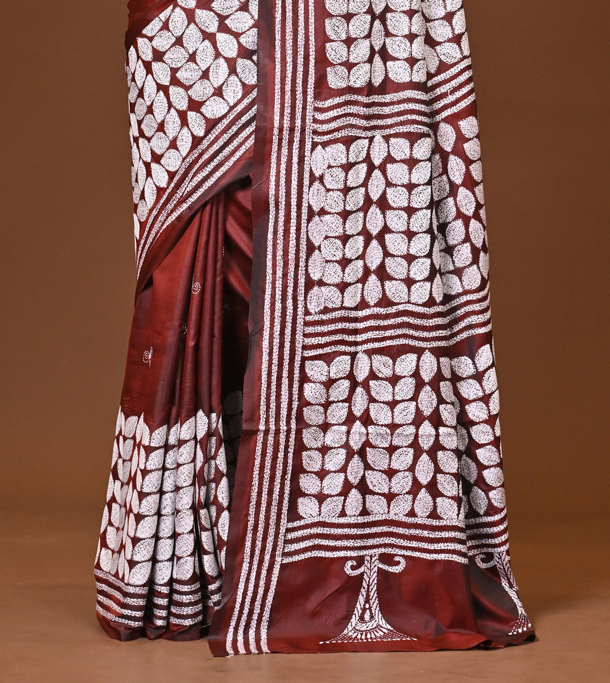 Blended Silk Kantha Stitch Saree Brown