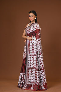 Blended Silk Kantha Stitch Saree Brown