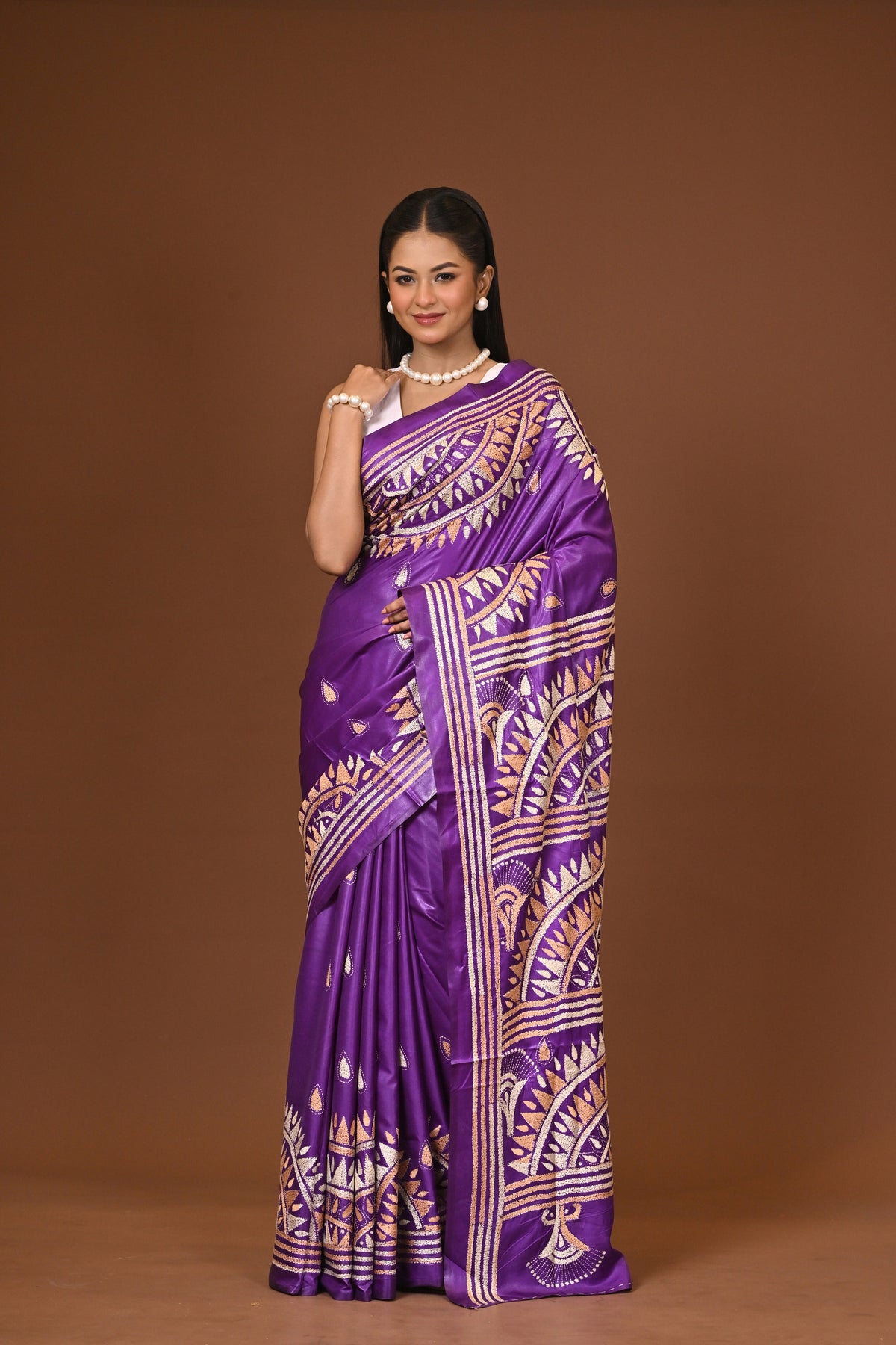 Blended Silk Kantha Stitch Saree Purple