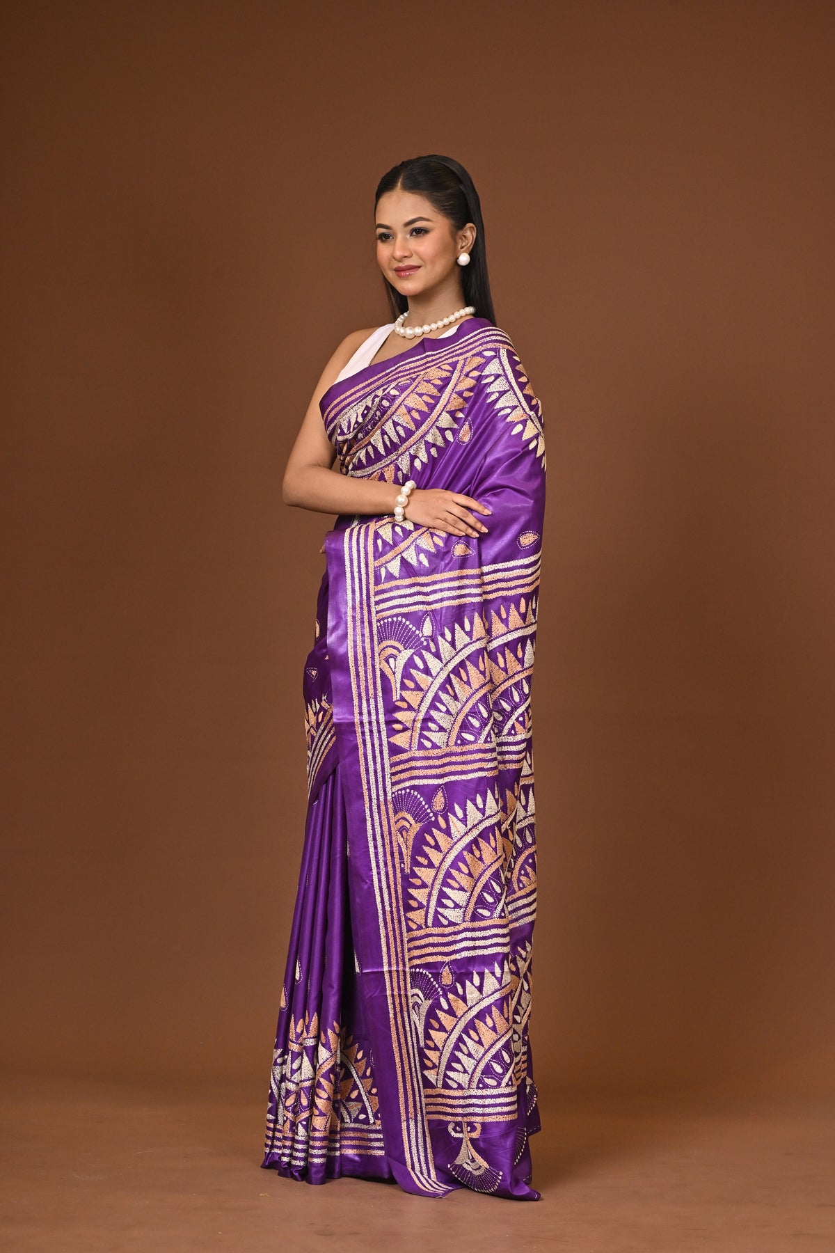 Blended Silk Kantha Stitch Saree Purple