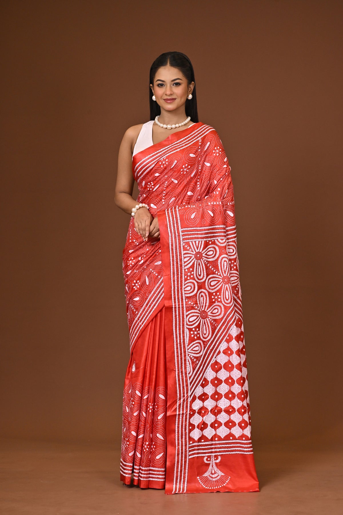 ব্লেন্ডেড সিল্ক কাঁথা স্টিচ শাড়ি লাল
