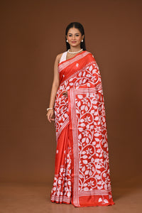 Blended Silk Kantha Stitch Saree Red