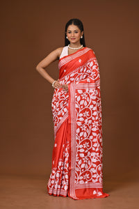 Blended Silk Kantha Stitch Saree Red