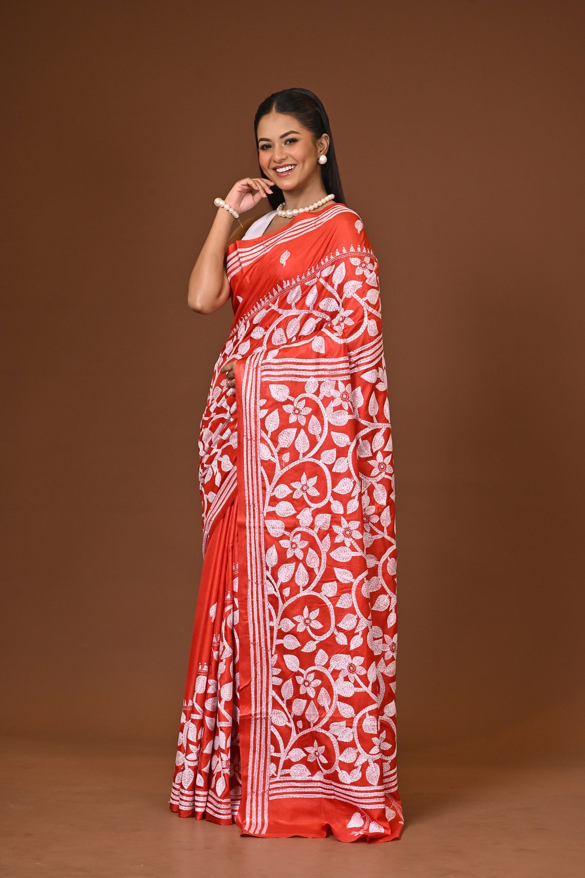 Blended Silk Kantha Stitch Saree Red