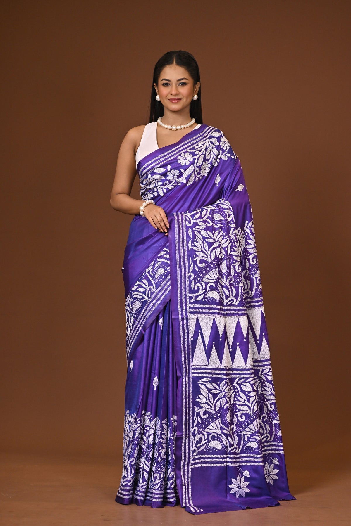 Blended Silk Kantha Stitch Saree Purple