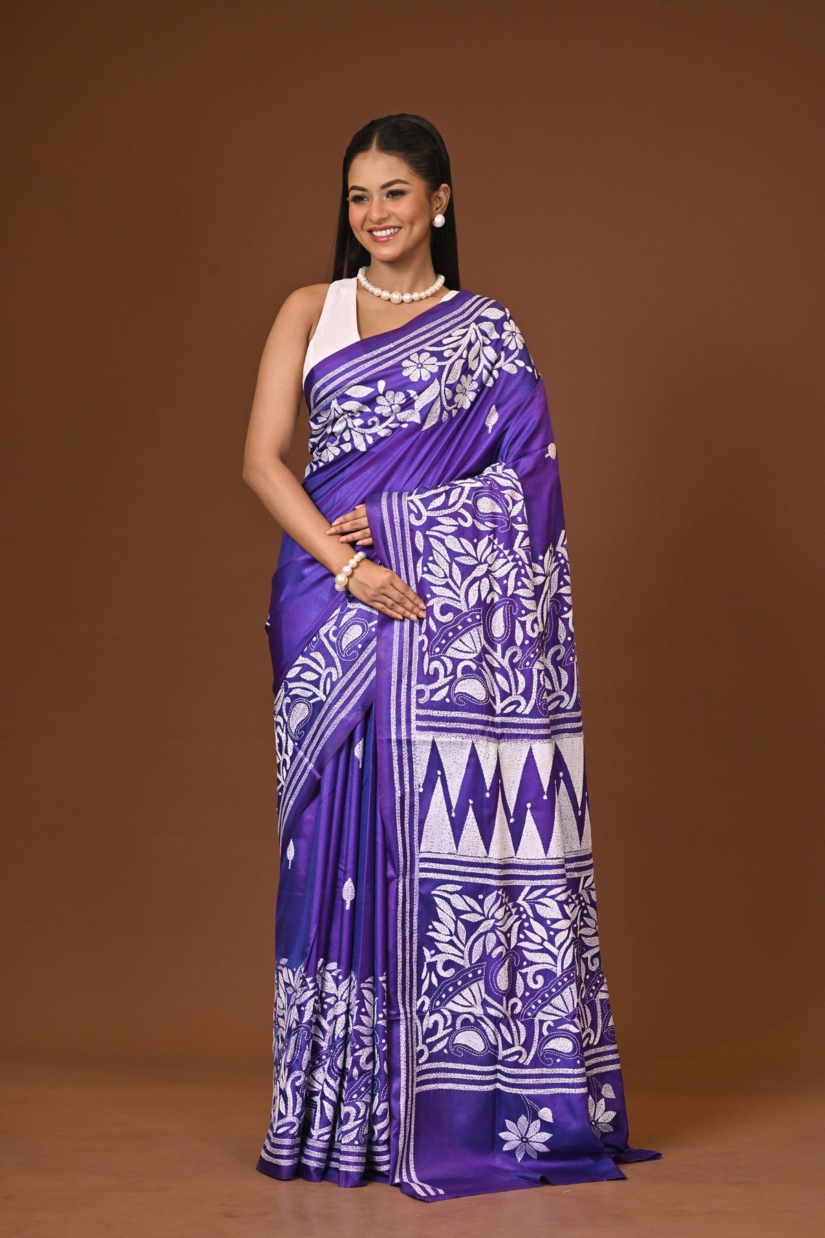 Blended Silk Kantha Stitch Saree Purple