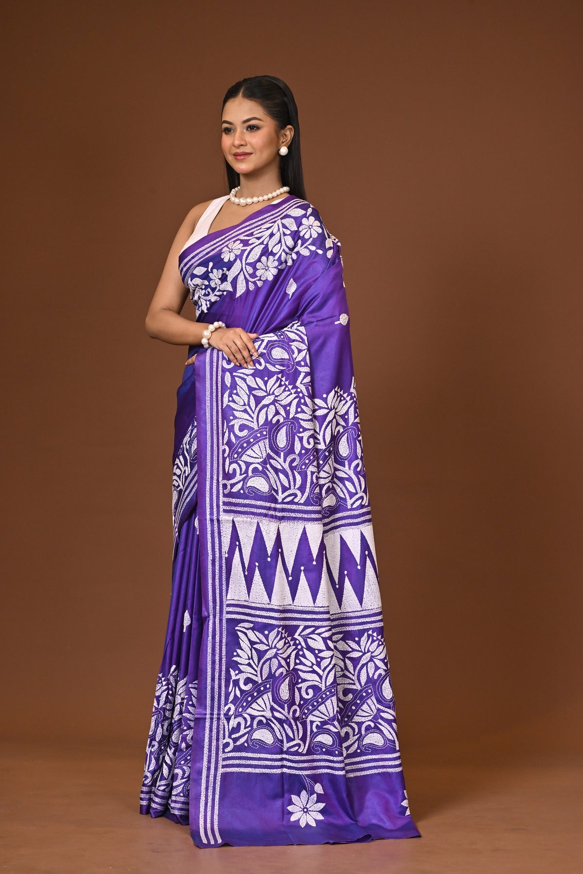 Blended Silk Kantha Stitch Saree Purple