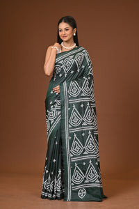 Blended Silk Kantha Stitch Saree Bottle Green