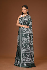 Blended Silk Kantha Stitch Saree Bottle Green