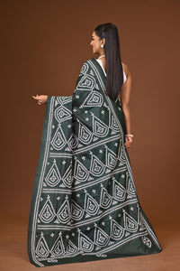 Blended Silk Kantha Stitch Saree Bottle Green