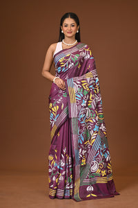 Blended Silk Kantha Stitch Saree Purple