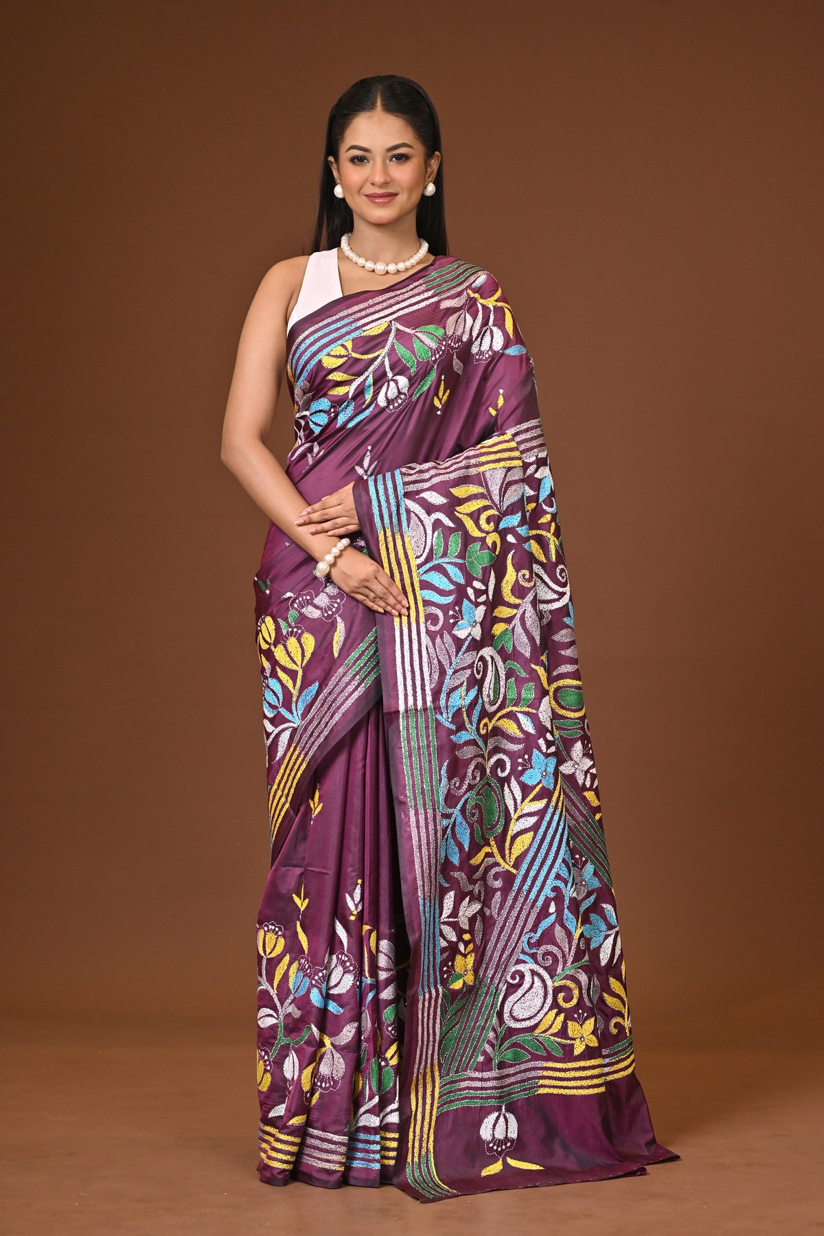 Blended Silk Kantha Stitch Saree Purple