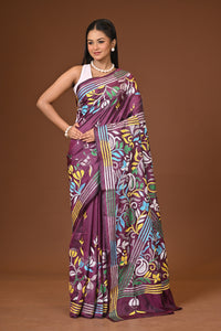 Blended Silk Kantha Stitch Saree Purple