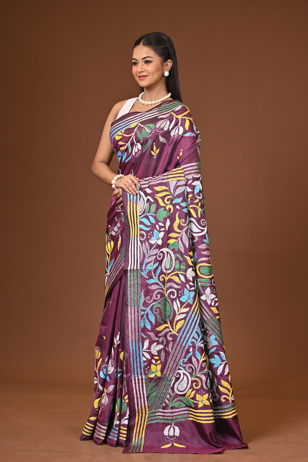 Blended Silk Kantha Stitch Saree Purple