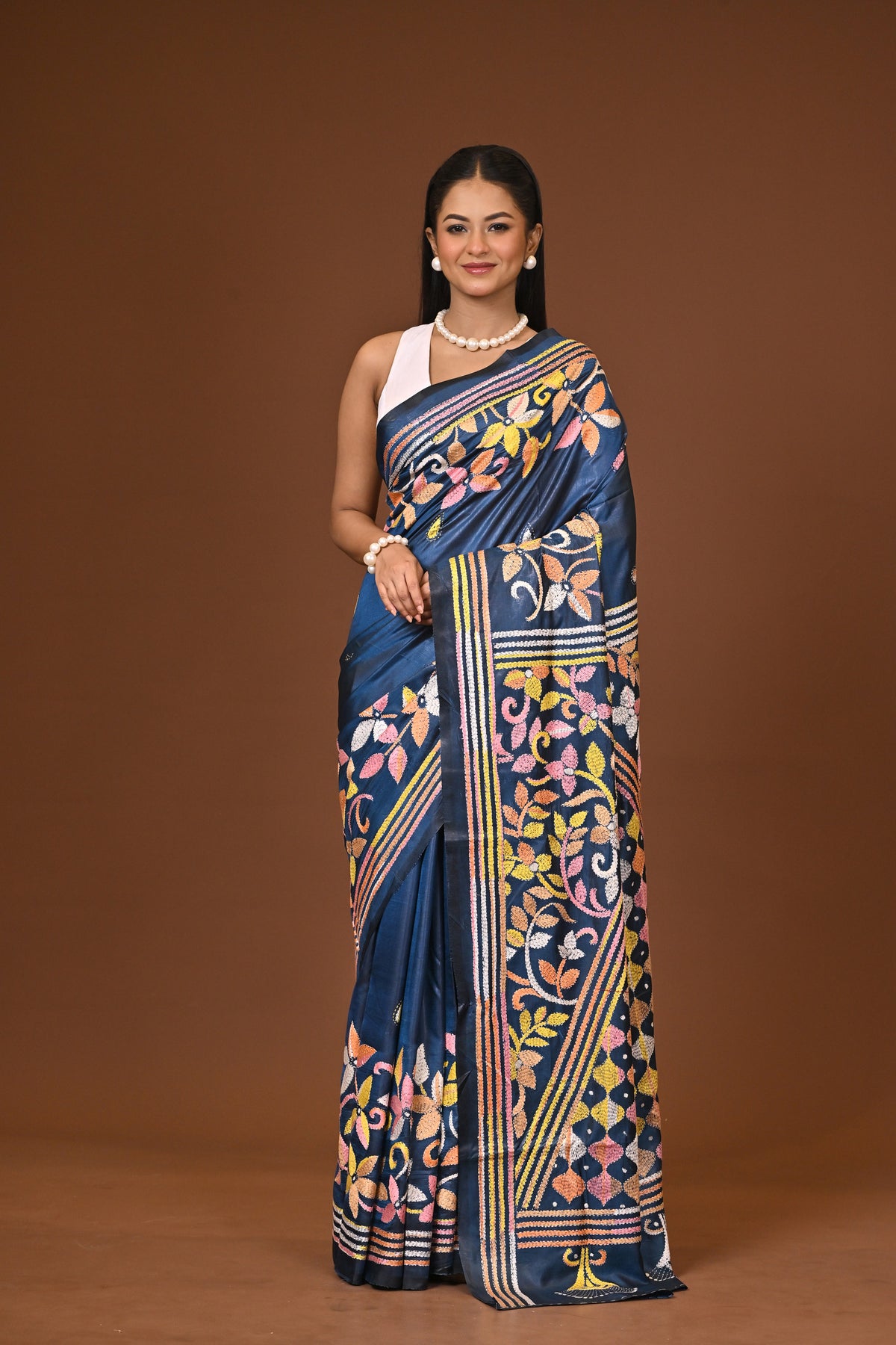 Blended Silk Kantha Stitch Saree Blue