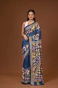 Blended Silk Kantha Stitch Saree Blue