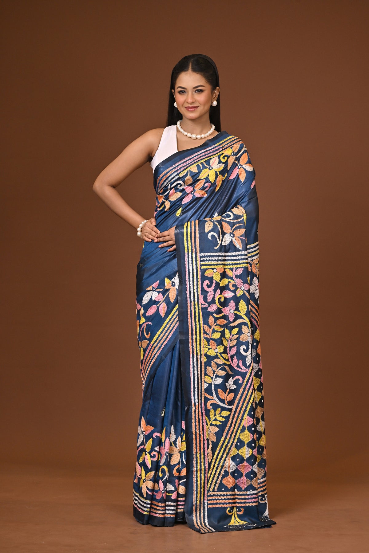 Blended Silk Kantha Stitch Saree Blue