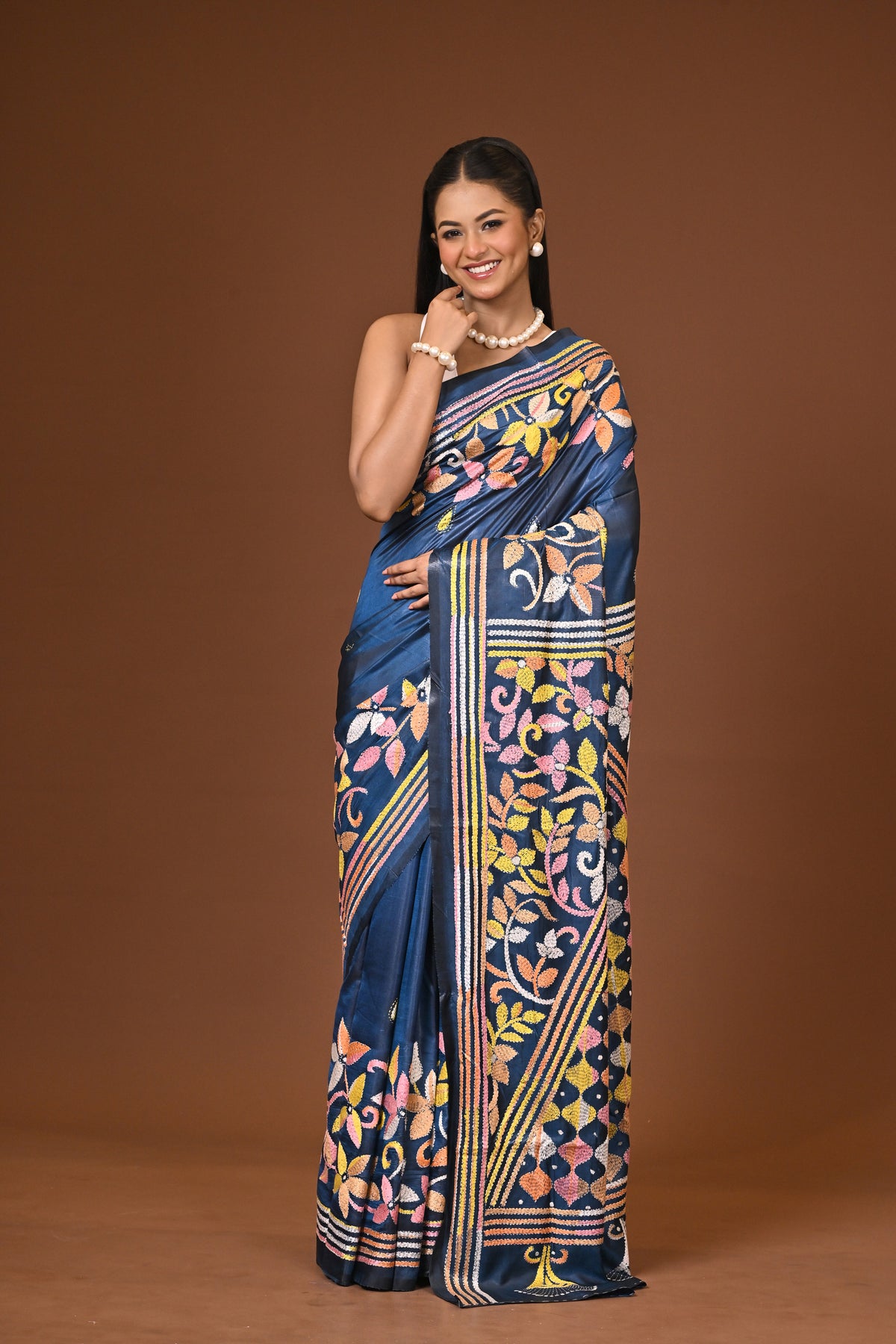 Blended Silk Kantha Stitch Saree Blue