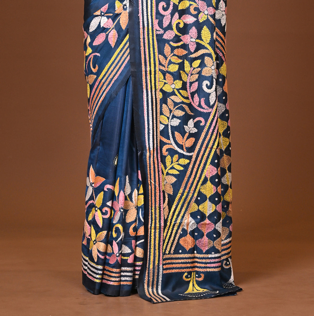 Blended Silk Kantha Stitch Saree Blue