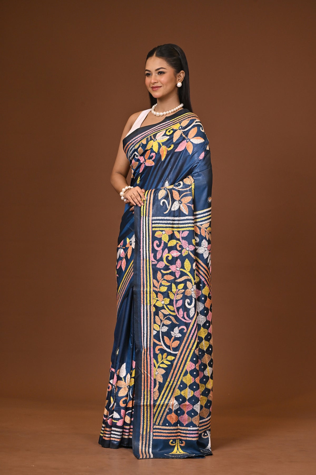 Blended Silk Kantha Stitch Saree Blue