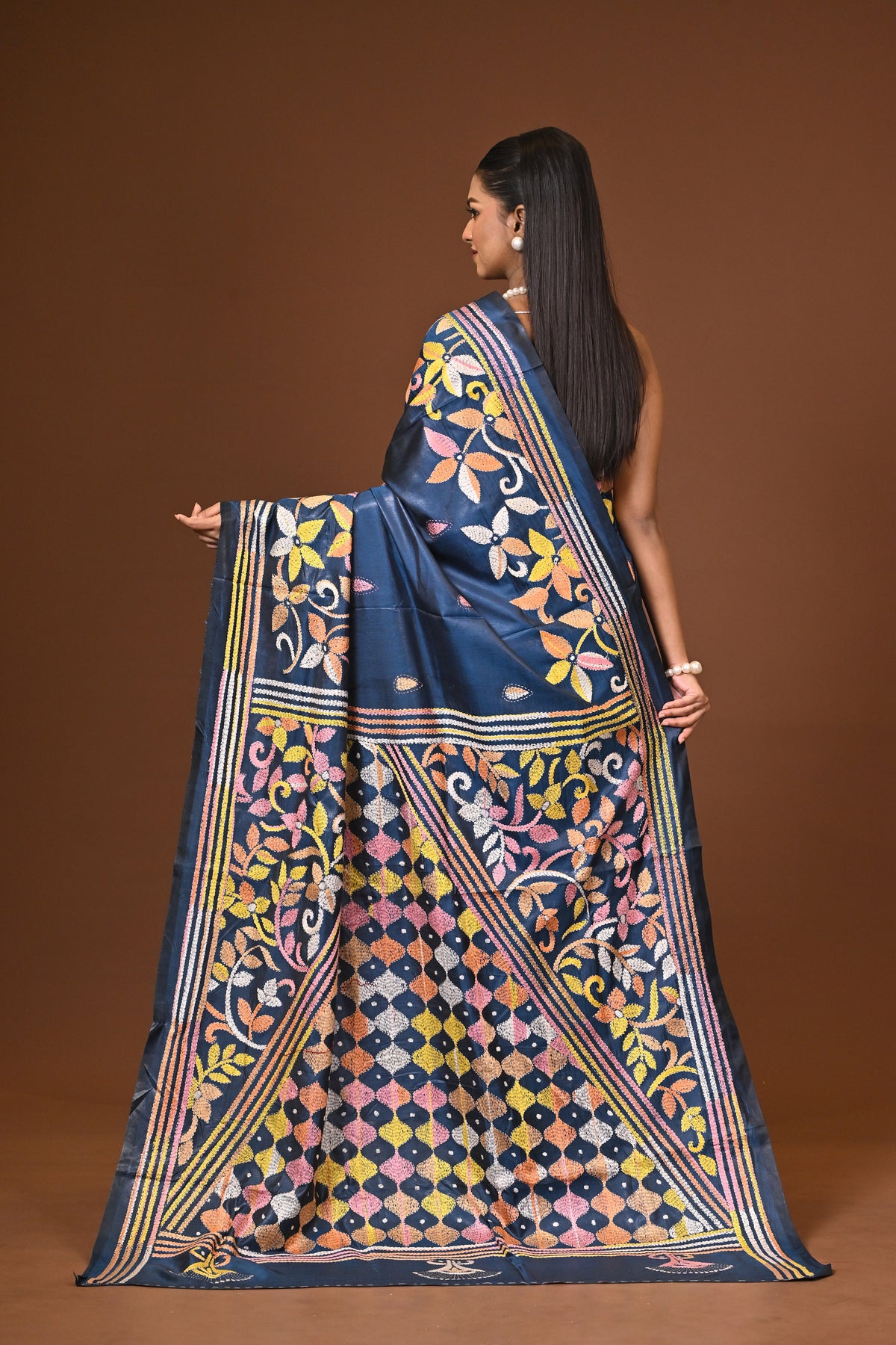 Blended Silk Kantha Stitch Saree Blue